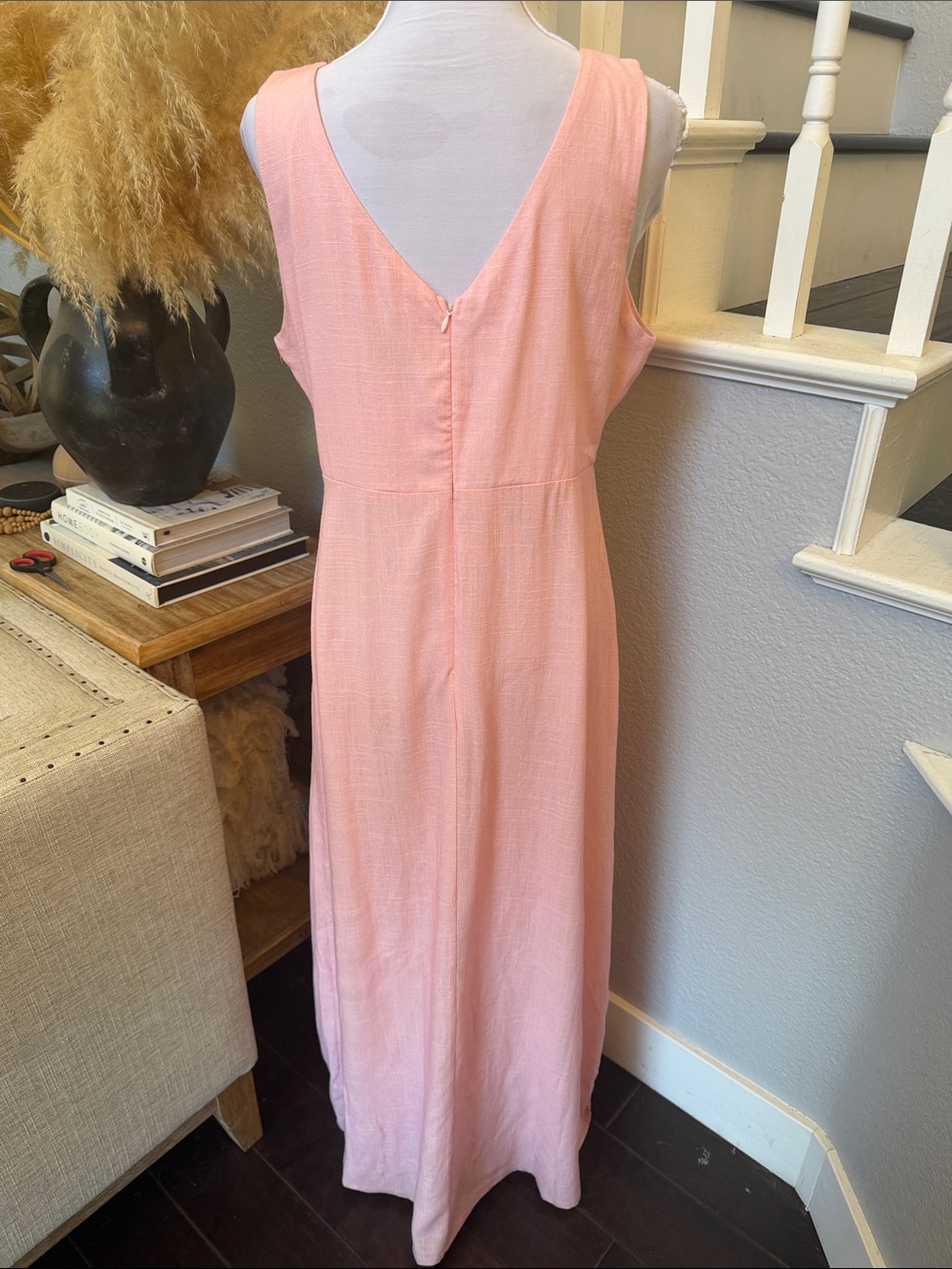 Anthropologie Paper Heart Pink Linen Blend Sleeveless Floral MIDI Dress Large - Picture 5 of 7